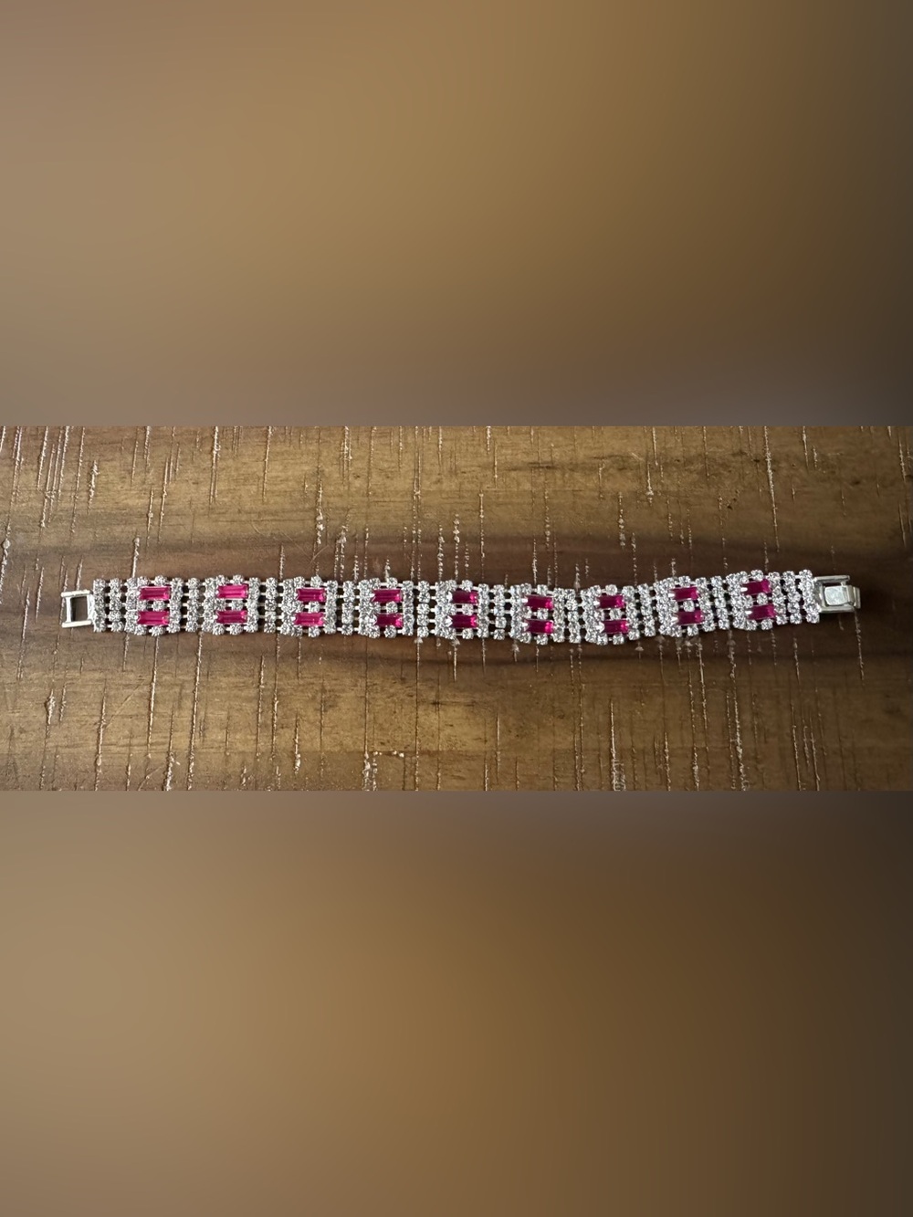 1950’s style vintage ruby red baquettes clear rhinestone statement bracelet
